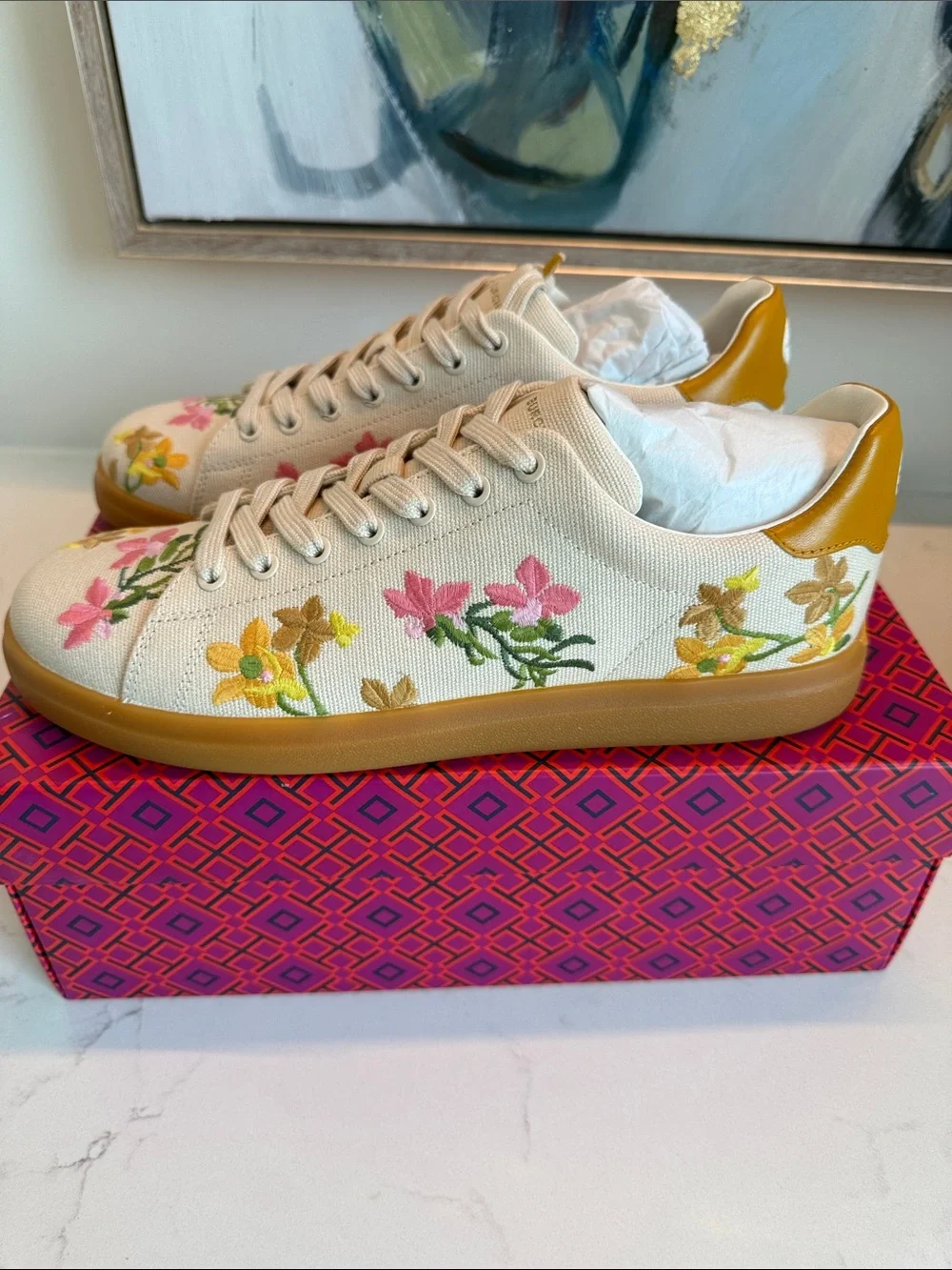 Tory Burch Cream Canvas Floral Embroidered Sneakers with Mustard Accents